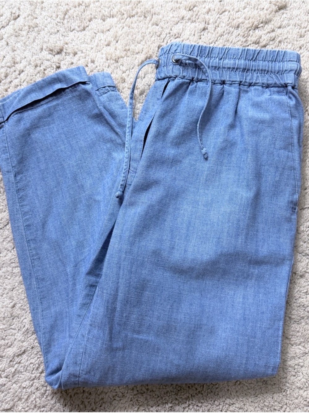 J Crew Womens Blue Drawstring Waist Pants size 2P 2 Cotton Chambray Straight Leg